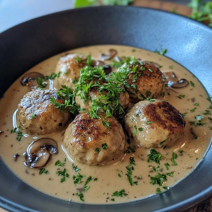 Ofenfrikadellen in Champignon-Rahmsoße