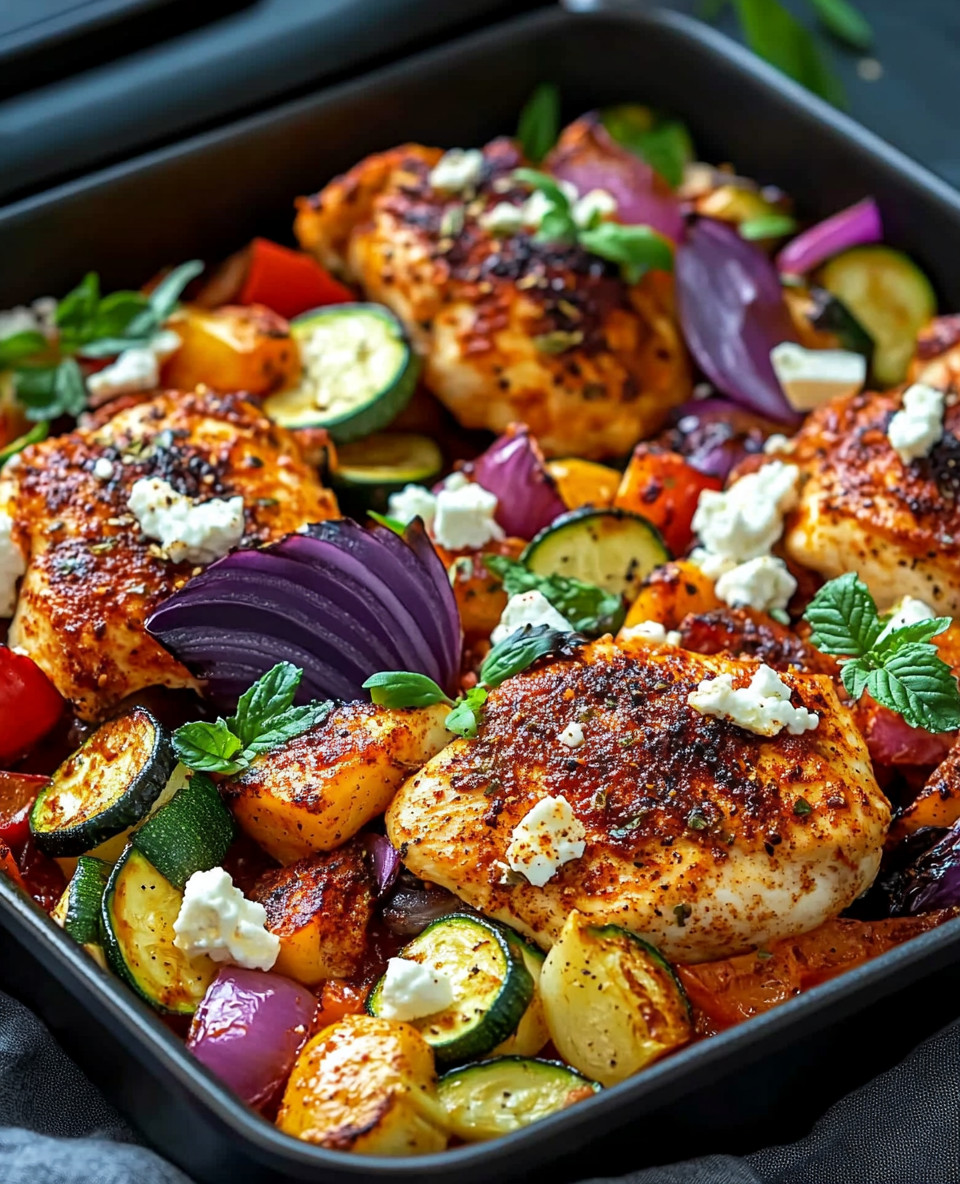 Hähnchen mit Paprika, Zucchini und Feta