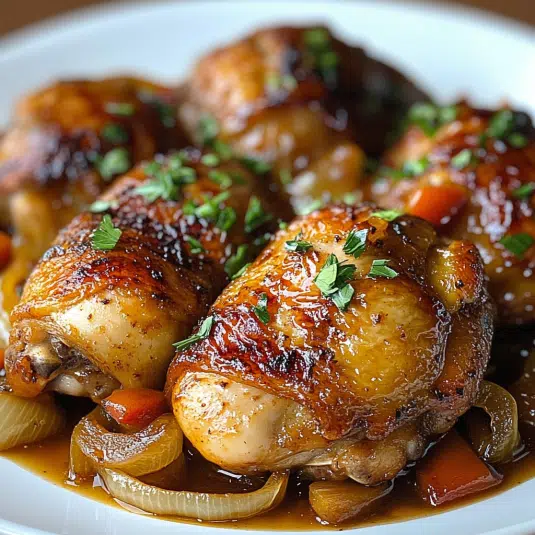 Knusprige Hähnchenschenkel mit Zwiebel-Paprika-Sauce Knusprige Hähnchenschenkel mit Zwiebel-Paprika-Sauce