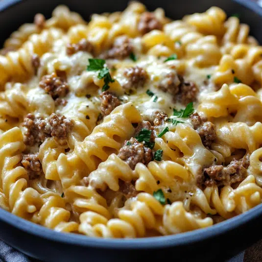 Ein-Topf Cremige Rinderhack-Knoblauchbutter-Pasta