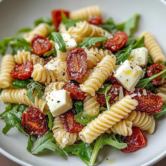 Pasta-Salat mit Mozzarella, getrockneten Tomaten &amp; Rucola