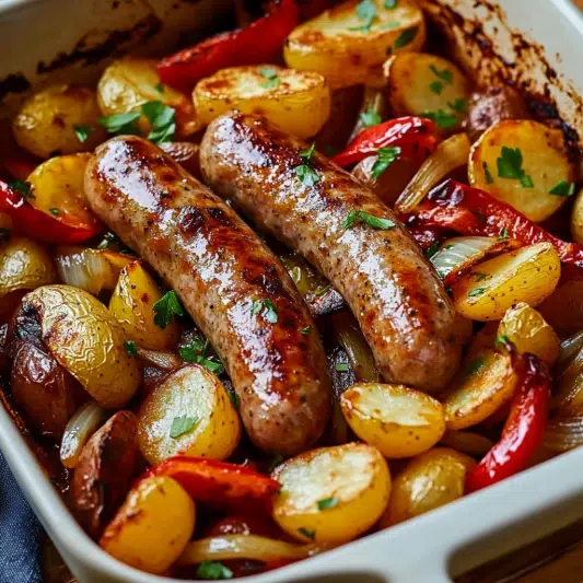 Bratwürste mit Paprika, Zwiebeln und Kartoffeln Bratwürste mit Paprika, Zwiebeln und Kartoffeln