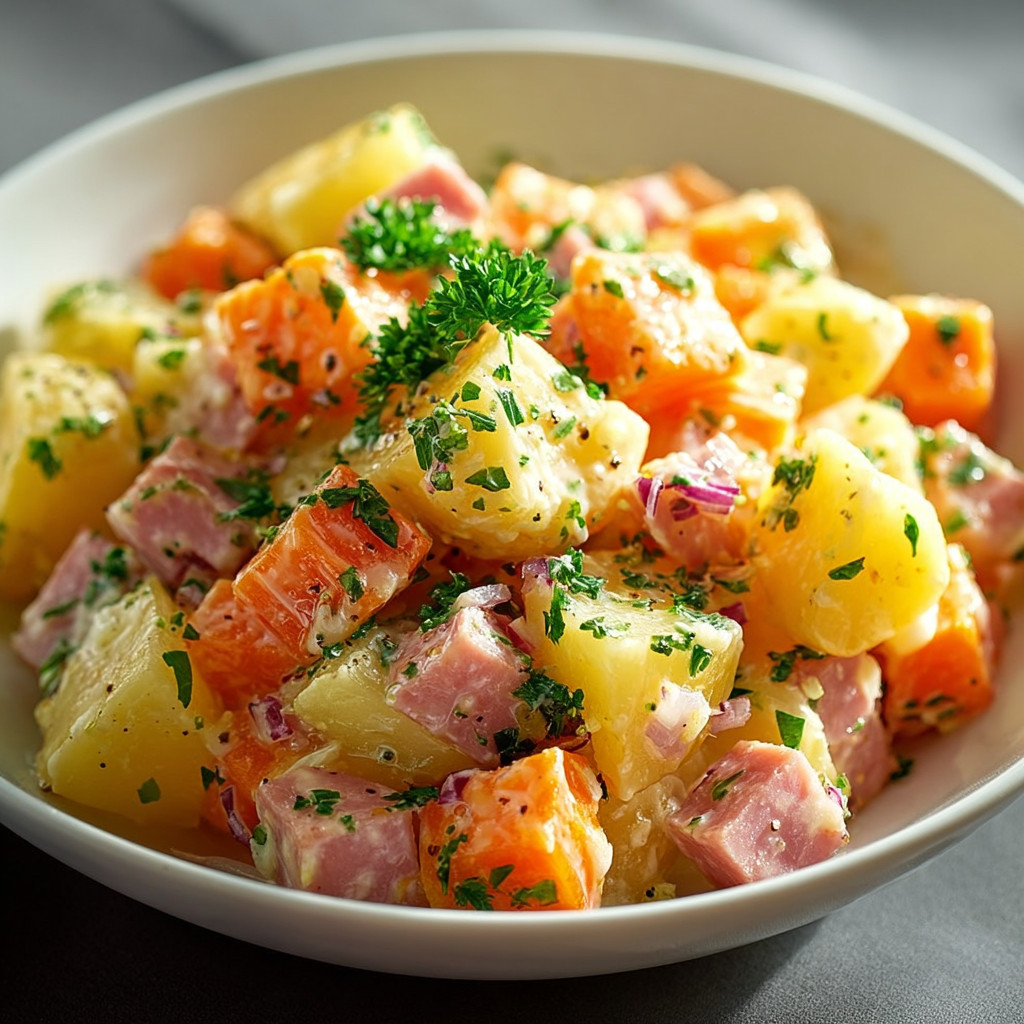 Karotten-Kartoffel-Salat mit Schinken begeistert jeden Biss!