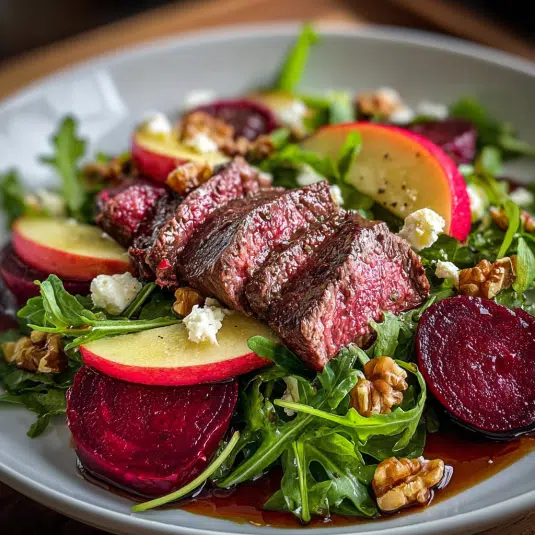 Rote-Bete-Apfel-Salat mit Steakstreifen ist unwiderstehlich!