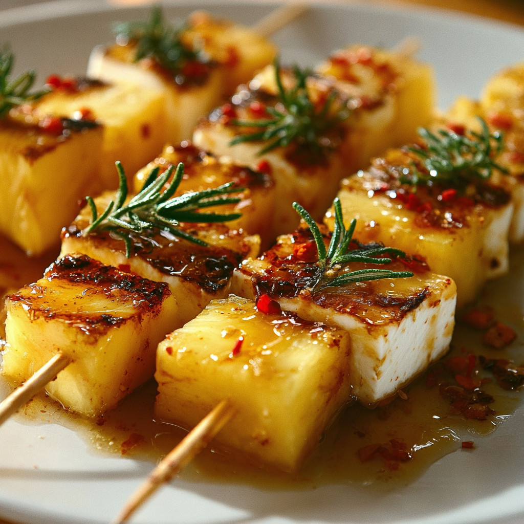 Ananas-Feta-Spieße mit Rosmarin & Chili-Honig genießen! - Sybil Rezepte Ananas-Feta-Spieße mit Rosmarin & Chili-Honig genießen! - Sybil Rezepte