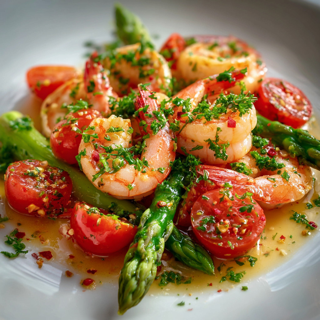 Knoblauchgarnelen mit frischen Tomaten und grünem Spargel verzaubern ...